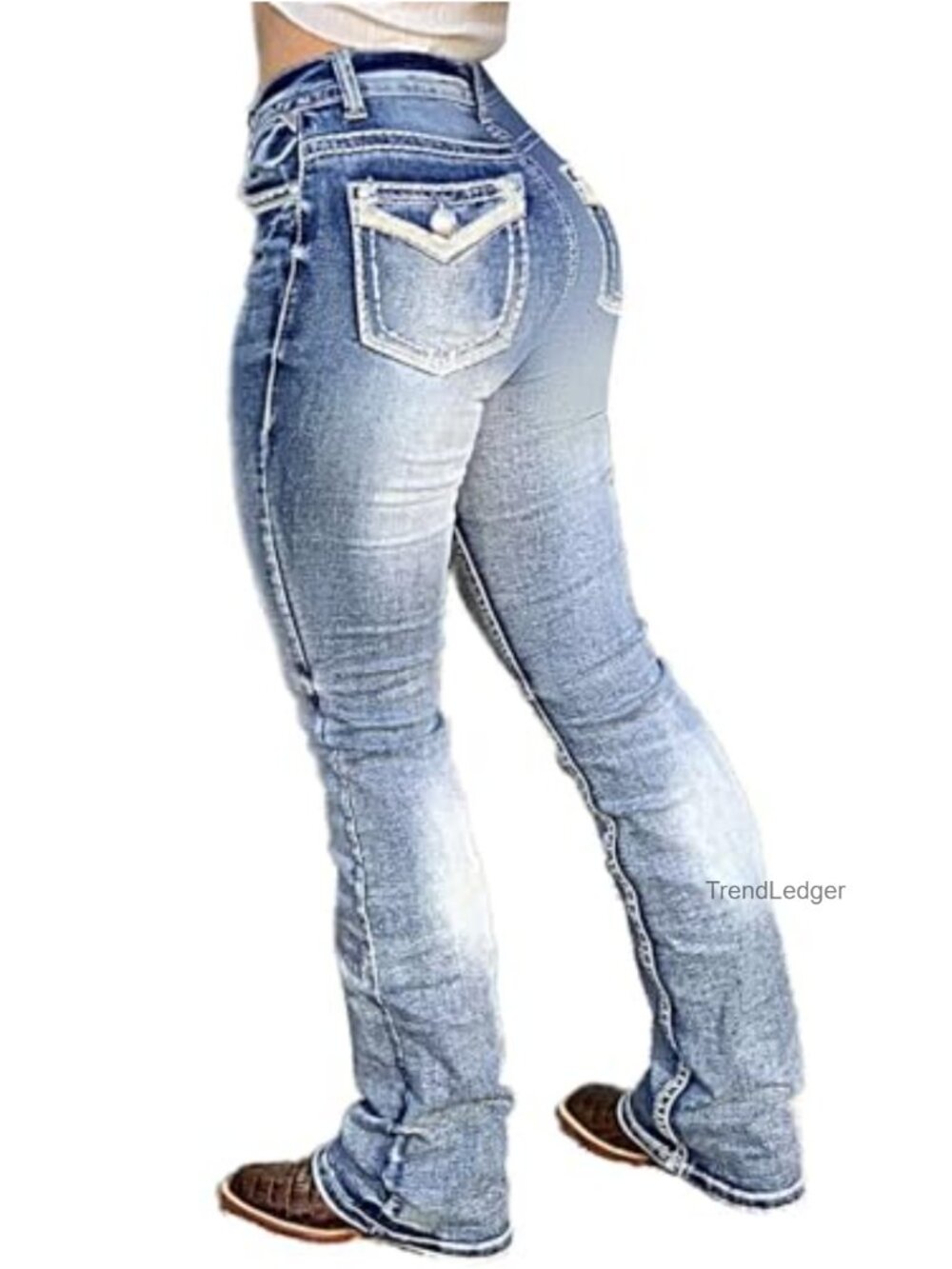 Butt Lifting Boot Cut Stretch Jeans Mid Rise Raw Hem Distressed Denim